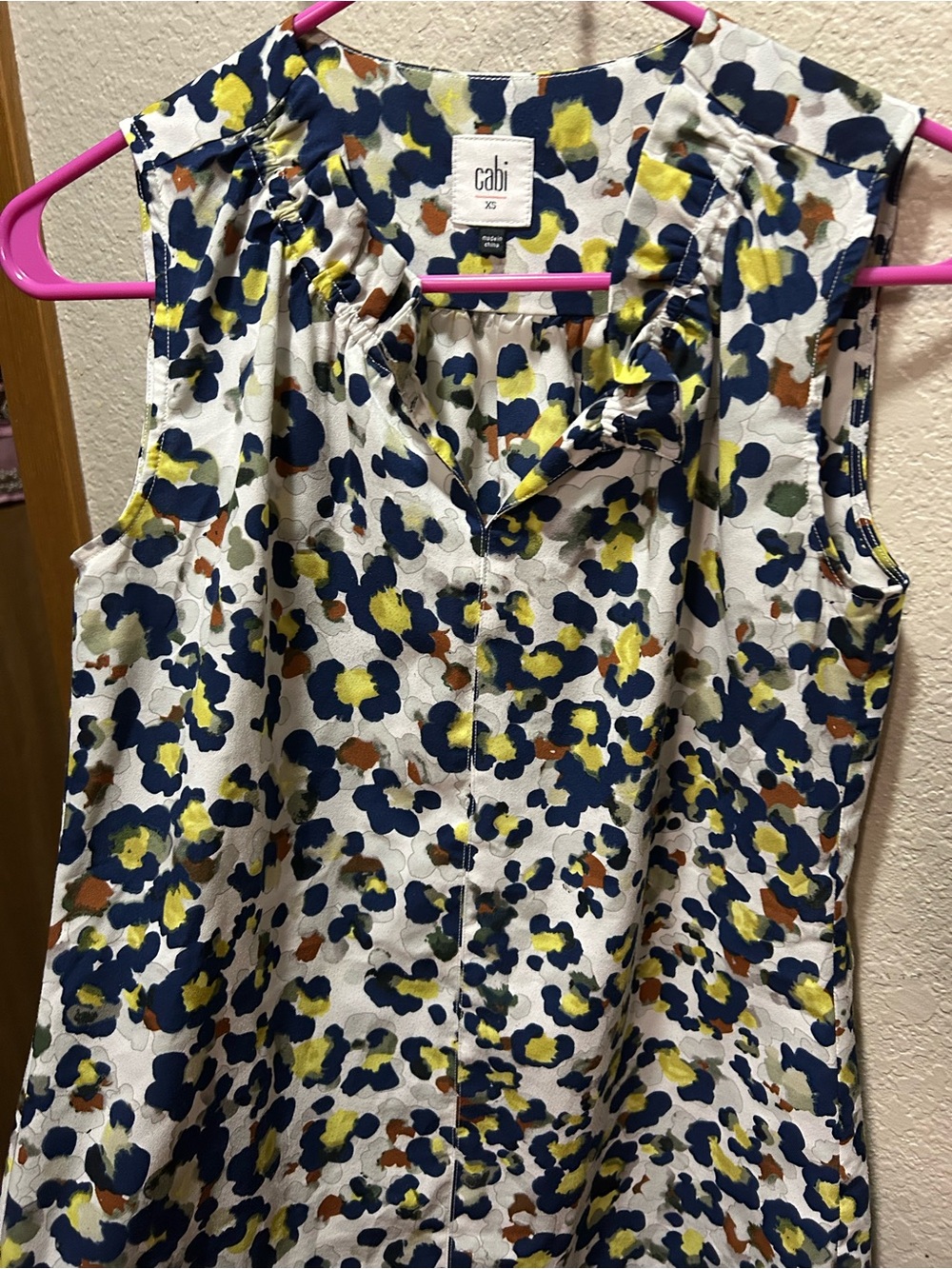 CAbi Sleeveless Ruffle Neck Blouse - White, Navy & Yellow - Picture 6 of 8